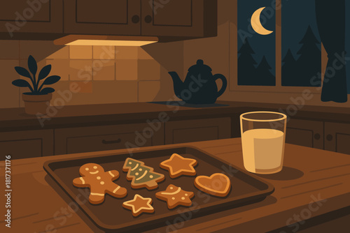 Beside glass cookie scene illustration visit warm milk bliss illuminating night vector