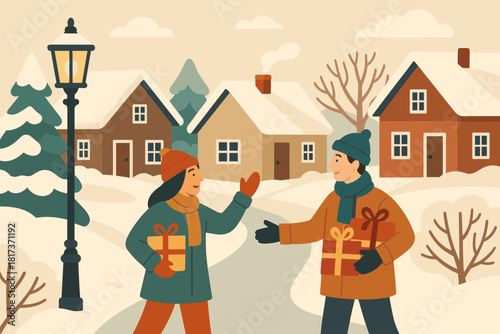 Vector greeting wrapped each neighbors roofs illustration winter peaceful greetings carrying village