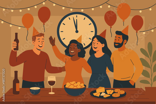 Lights new friends illustration celebration floating smiling year clock ticking balloons vector
