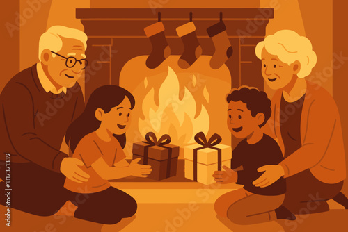 Fireplace stockings warm glowing illustration grandparents to gift holiday giving vector everyone