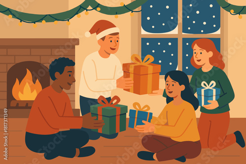 Exchanging gift exchange festive near illustration softly frosted falling boxes vector twinkling