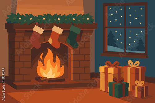 Window illustration vector evening light cozy glimmering snow garlands nearby holiday family