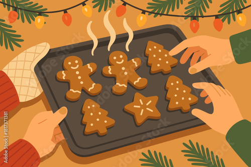 Vector hands illustration as tray delight just holiday cookie treats warm cookies