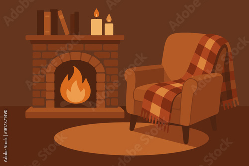 Cozy set nook plaid armchair illustration fireplace creating vector shelf candles fire
