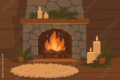 Vector fluffy illustration decorations logs scene room cozy glowing nearby fireplace