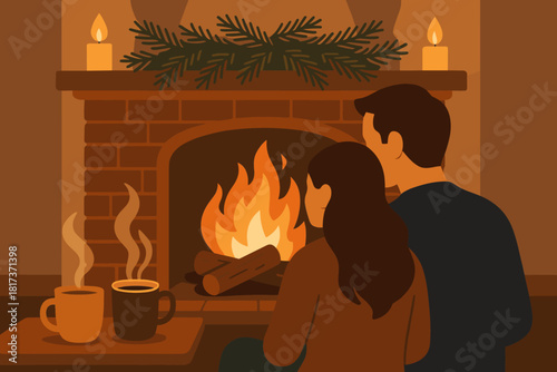 Illustration evening hot cozy vector room glowing fire steaming fireplace throughout