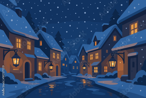 Street reflections vector cobblestones winter lanterns hanging village magical from rooftops illustration
