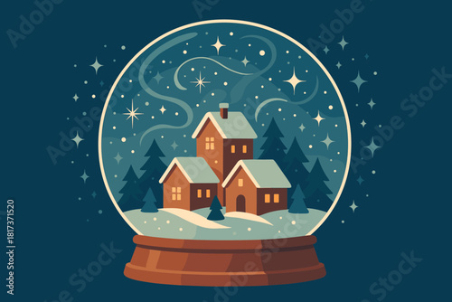 Village scene trees vector serenity snow reflections illustration globe featuring pine