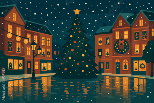 Every illustration vector sparkling gentle magic square town snowfall reflecting christmas pavement