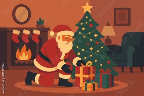 Quiet twinkling s christmas santa vector fireplace flickering glowing room living tree