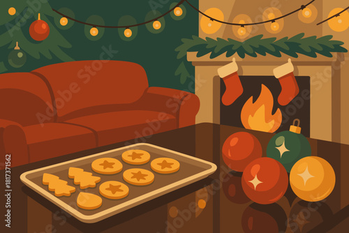 Polished illustration vector living holiday twinkling garlands tray reflections room cookies