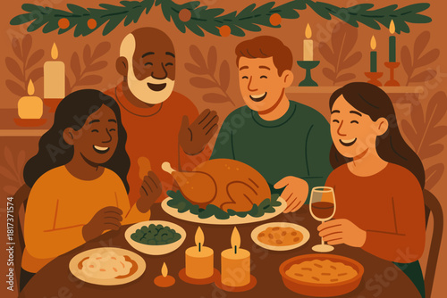 Flickering family illustration softly dishes festive shared feast vector celebration candles surrounded