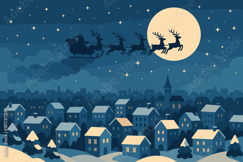 Clouds casting view sleigh moonlit holiday santa vector snowy s stars forming