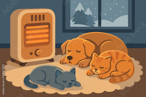 Pets creating off mood reflecting near heater illustration homey vector cozy