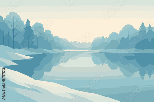 Tranquil serenity lake winter vector illustration silhouettes morning scene trees calm sky