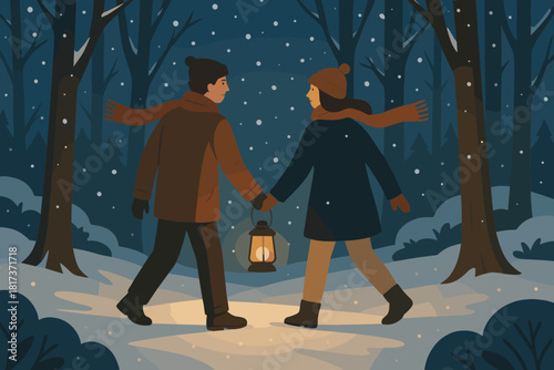 Forest illuminating stroll couple snow vector hand illustration walking path snowy fluttering
