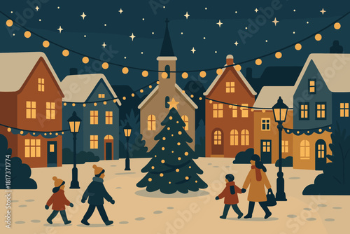 Evening under snowy light festive warm vector walking shining illustration square garlands