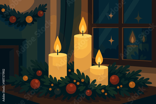 Candle illustration ornaments reflections window room garlands vector festive dancing glow illuminating