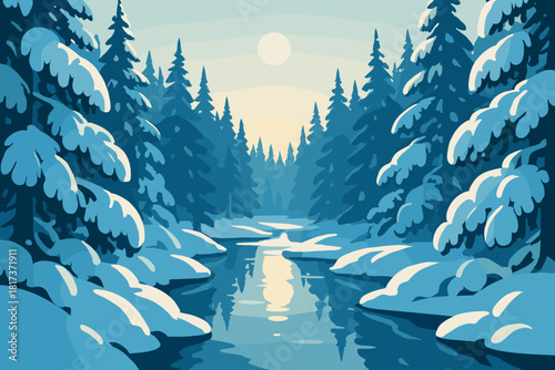 Serenity sun illustration vector forest pines glowing reflections winter cutting branches under