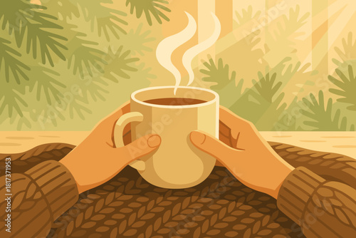 Vector cozy steaming holding sunlight comfort illustration soft knitted over background pine
