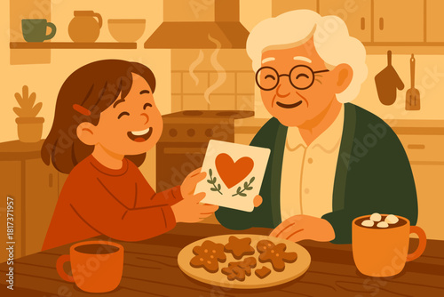 Card handmade filled cookies illustration glowing smiles heartfelt vector kitchen cocoa grandparent