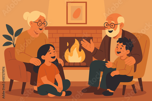 Everyone glow family illustration laughter near fireside stories harmony vector grandparents moment