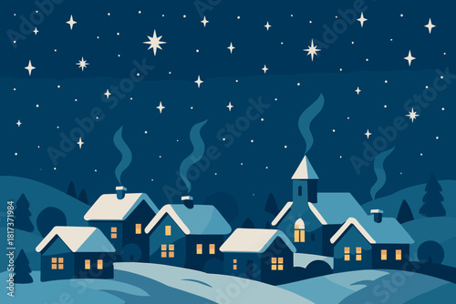 Heavens glimmering toward village rising smoke vector light chimneys winter starry illustration