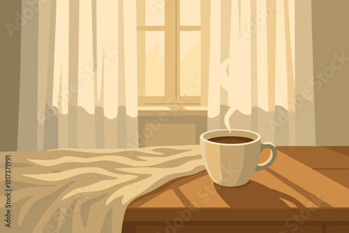 Soft linen vector peaceful morning steaming calm fabric cup wooden illustration scene