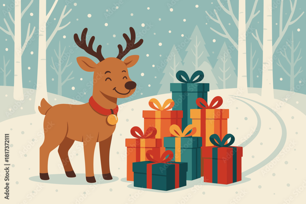 Naklejka premium Vector through scene illustration gently s boxes forest snow around magical santa