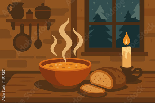 Warmth soup comfort vector winter scene ambiance spirit illustration table rustic homely