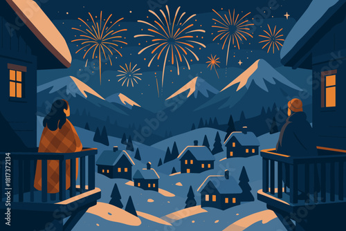 Illustration above over reflections snowy fireworks watching vector wrapped snow balconies glowing