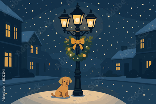 Illustration lamppost festive peaceful vector harmony near street dog sitting snow night