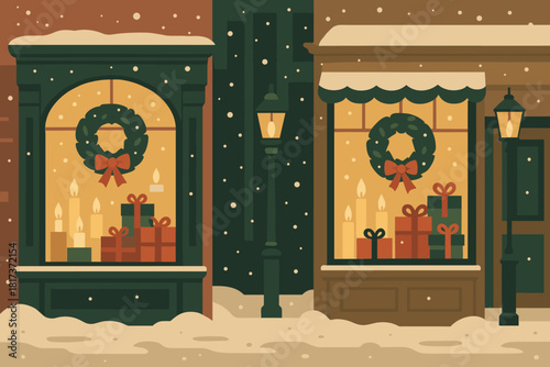 Warmth candles festive calm wreaths street vector illustration glowing gifts shop atmosphere