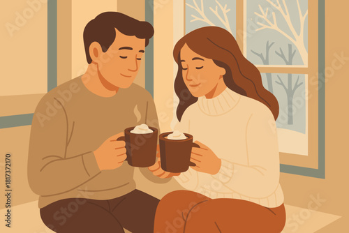 Winter togetherness warmth calm frosty gentle cocoa mugs colors vector illustration window