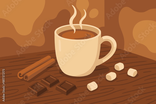 Mug chocolate scattered table vector cozy delight marshmallows sweetness atmosphere pieces illustration