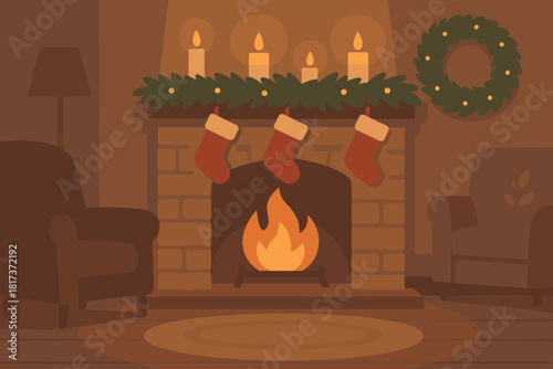 Holiday vector illustration living cozy glowing soft garlands mantel light hearth stockings
