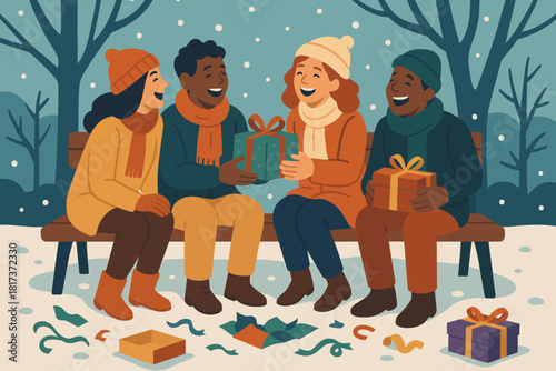 Vector gift wrapping softly covering exchange scattered paper ground winter outdoor illustration