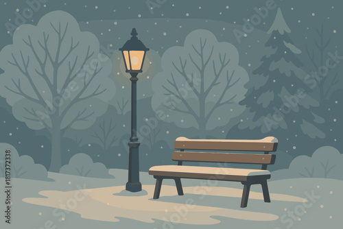 Illustration behind trees evening glowing snowy lamppost under vector reflecting palette serene