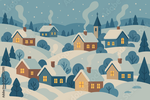Glowing winter golden village below smoke illustration white vector scene air houses