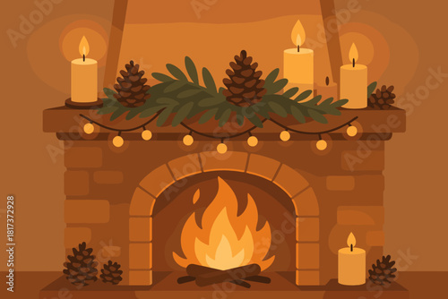 Pinecones illustration cozy holiday fairy lights candles soft orange balance vector fireplace