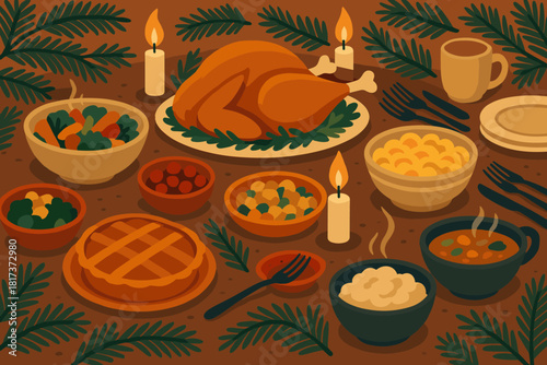 Joyful illustration dishes vector branches pine atmosphere gratitude dinner steaming candles celebration