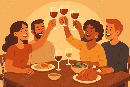 Toast warm dinner illustration vector light friends joyful radiating unity glasses surfaces