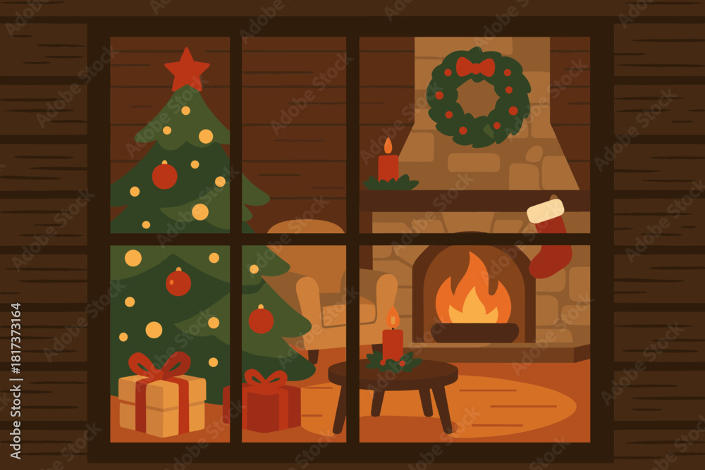 Obraz premium View joy vector cottage window festive interior christmas illustration lights cozy tree