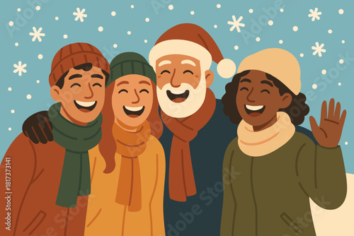 Vector winter group memories memory smiles illustration joyful frozen snowflakes holiday people
