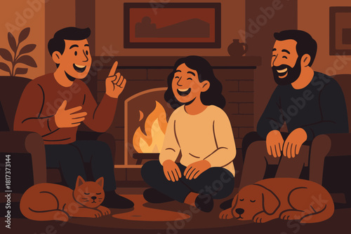 Pets cheerful telling comfort fireside tales resting fireplace vector illuminating cozy illustration