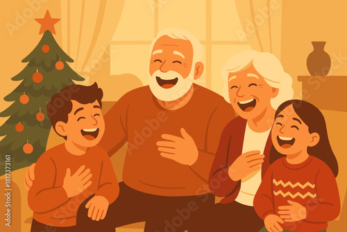 Blending sharing jokes generational grandchildren vector generations moment surrounded golden illustration joy