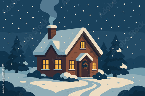 Cottage through glowing illustration rising vector christmas path calm chimney holiday serenity