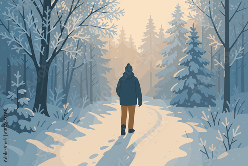 Snowy along person forest winter frost illustration trees stroll covered trailing footprints