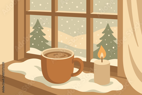 Snowy vector warm cocoa scene illustration mug stillness comfort peaceful gentle moment