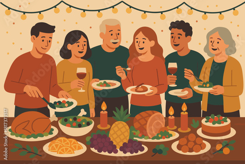 Table garlands foods surrounded vector year illustration family relaxed new festive friends